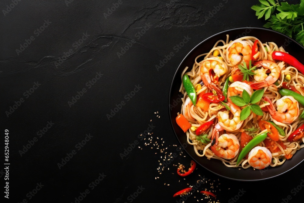 Wall mural a plate of noodles with shrimp and a variety of vegetables. this image can be used to showcase a del