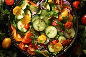 A bowl filled with a variety of fresh and colorful vegetables. This versatile image can be used in various contexts to promote healthy eating, cooking, nutrition, and vegetarian or vegan lifestyles. - obrazy, fototapety, plakaty