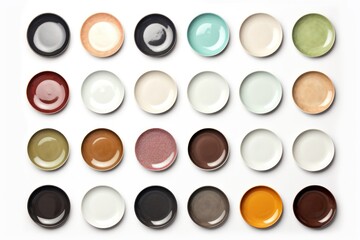 A collection of various colored plates placed on a clean white surface. Ideal for adding a pop of color to any kitchen, restaurant, or dining-related design.
