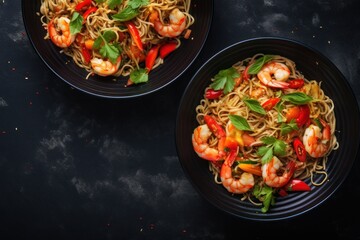 A delicious plate of pasta served with succulent shrimp and fresh vegetables. This versatile image can be used to showcase a variety of pasta dishes or to illustrate the concept of a healthy and flavo