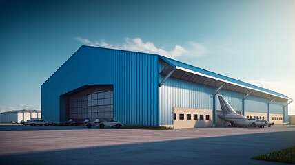 Fototapeta na wymiar Industrial hangar. Warehouse building exterior. Industrial building under blue sky.generative ai