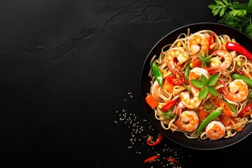 A plate of noodles with shrimp and a variety of vegetables. This image can be used to showcase a delicious and healthy Asian-inspired meal. - obrazy, fototapety, plakaty