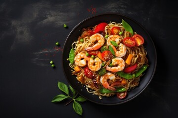 A delicious plate of noodles with succulent shrimp and fresh vegetables. Perfect for Asian cuisine or healthy eating concepts.