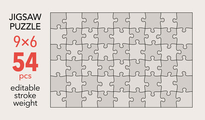 Empty jigsaw puzzle grid template, 9x6 shapes, 54 pieces. Separate matching irregularly elements. Flat vector illustration layout, every piece is a single shape.