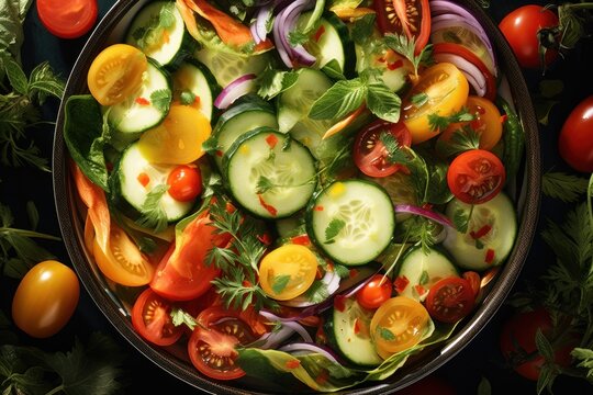 A bowl filled with a variety of fresh and colorful vegetables. This versatile image can be used in various contexts to promote healthy eating, cooking, nutrition, and vegetarian or vegan lifestyles.