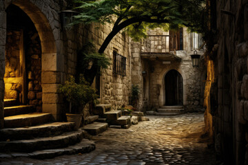 a stone medieval alley with a tree growing nearby. stone steps. arched stone entrance. 