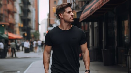 Male model in a black cotton t-shirt walking in the street