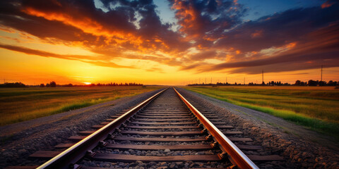 railway in the sunset. vast desert landscape. Tramway, Rail Bed, Train Route, Track System, Train Pathway, Train Infrastructure - obrazy, fototapety, plakaty
