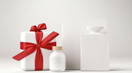 Cosmetic bottle containers with ribbon and gift boxes, Blank label for branding mock-up