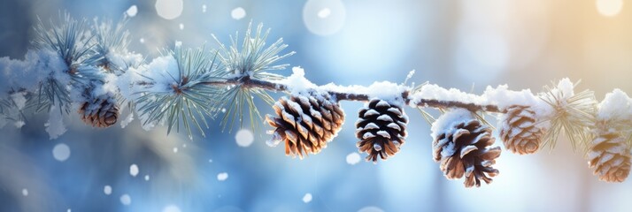 Seasonal winter Christmas bow background. Fir tree and pinecones in the sparkling snow. Outdoor icy frozen spruce pine branch. - Powered by Adobe