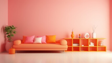 Stylish monochrome interior of modern living room in pastel orange and pink tones. Trendy couch, shelves with home decor, plant in floor pot. Creative home design. Mockup, 3D rendering.