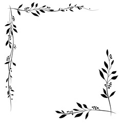 Black elegant floral corners from two branches with leaves and berries. Logo element for laurel wreaths. Hand drawn wedding grass line with leaves for invitation, save date card