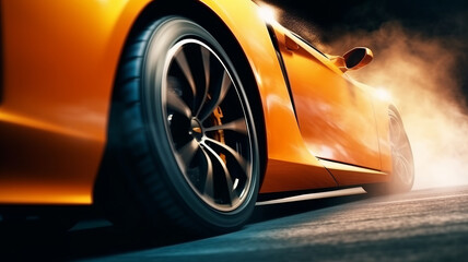 Orange super sport car from side with detail on drifting wheel, smoking and doing burnouts.generative ai