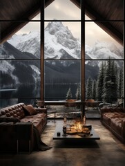 A cozy winter scene of a warm living room filled with inviting furniture and a crackling fireplace, framed by a window view of majestic snow-capped mountains