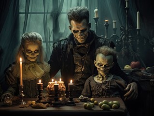 Fototapeta premium family in halloween costumes. halloween theme. 