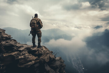 A soldier on the edge of a cliff