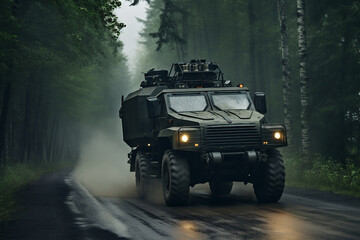 An armored truck drives through the forest