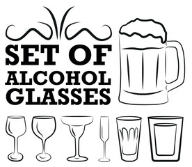 Alcohol glasses, drink glasses icon set.