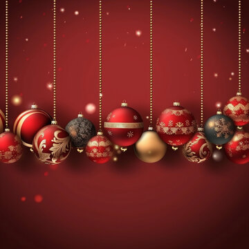 Christmas baubles hanging down in a line in the center of the image with a red background with faint stars