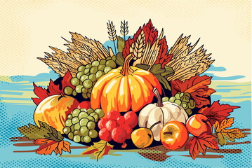 Autumn harvest with pumpkins, apples and grapes.  Thanksgiving Vector illustration.