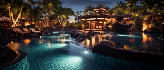 Fototapeta na wymiar Tropical Paradise: Nighttime Pool Illumination
