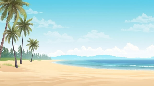 Tropical beach with fine sand and palm trees, calm sea with clear blue sky above. AI Generated