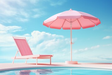 Pink Umbrella and Poolside Lounger with a Sea View