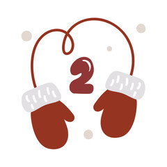 Obraz premium Christmas advent calendar with hand drawn element mittens. Second Day two 2. Scandinavian style poster. Cute winter illustration for card, poster, kid room decor, nursery art