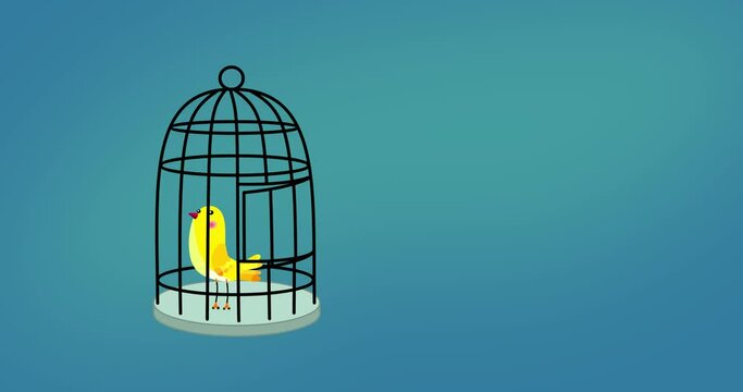 Freedom of a yellow canary bird captive in a cage. Cartoon character animation cute animal. Making freee good as metaphor for any material.