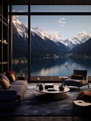 A cozy living room with a breathtaking view of snow-capped mountains reflected in the glassy lake water, surrounded by inviting furniture and lush outdoor landscapes, beckons one to sit and take in t