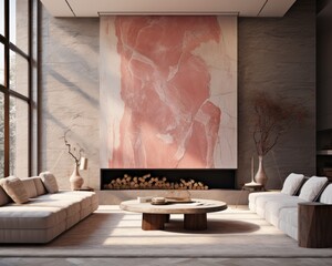 This vibrant living room showcases a bold pink and white wall that creates a dynamic atmosphere, complete with cozy furniture, a vase of vibrant flowers, and unique artwork for a stunningly stylish s