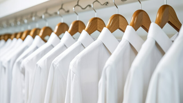 White shirts hanging on white built-in cloths racks.generative ai