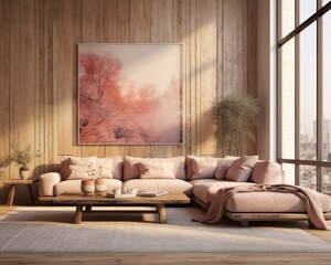 A cozy living room filled with warm furniture, plush pillows, and an elegant painting on the wall creates a sense of home and comfort