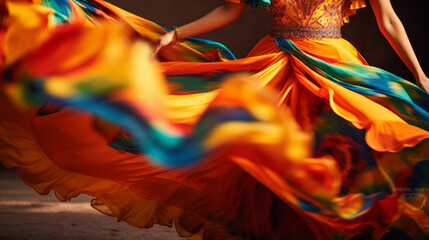 Colorful Mexican dress with movement. Traditional celebration dancing - obrazy, fototapety, plakaty