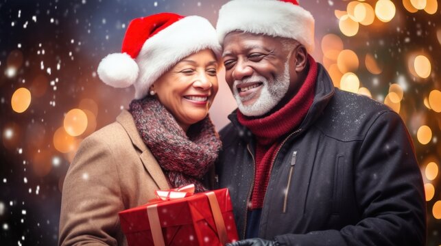 mixed couple of retired African-American elderly people on the eve of Christmas or New Year's holiday hold gifts in their hands and give them on the street in the evening bokeh