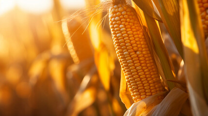 stockphoto, corn stalk close up in a corn field golden hour fall autumn harveststockphoto, corn stalk close up in a corn field golden hour fall autumn harvest - obrazy, fototapety, plakaty