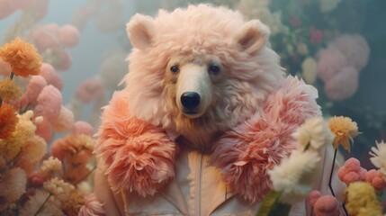 A bear dressed in a pink fur coat surrounded by flowers