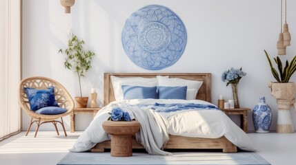 A blue and white bedroom with a large bed