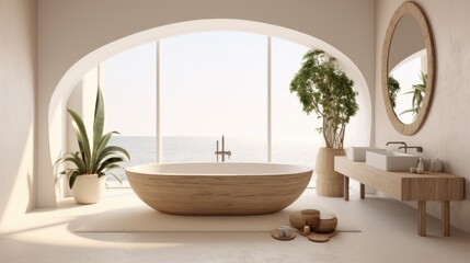 Fototapeta premium A bathroom with a bathtub, sink, mirror and plants