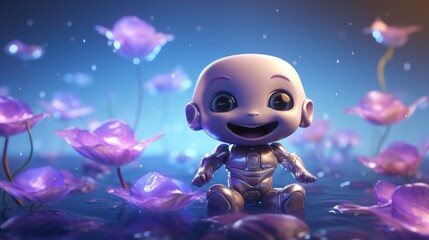 A cartoon character sitting in a field of flowers