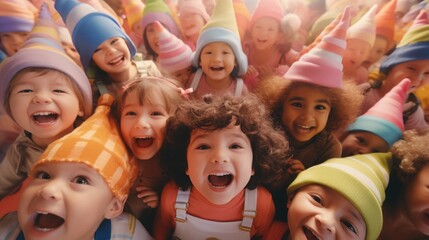 A group of children wearing hats and smiling