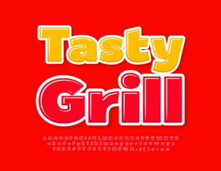 Vector colorful advertisement Tasty Grill. Bold Red Font. Glossy Alphabet Letters, Numbers and Symbols