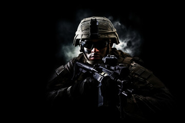 Modern army special forces equipped soldier, anti terrorist squad fighter, elite mercenary in helmet, studio portrait in darkness. Close up, half length
