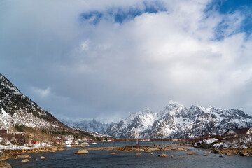 Obraz premium Snowcapped mountains in winter Austvagoya island Lofoten archipelago Vagan Nordland Norway