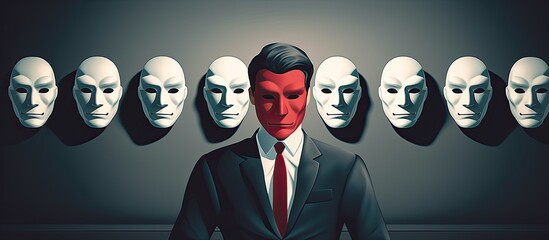 Surreal concept of faceless businessman choosing mask
