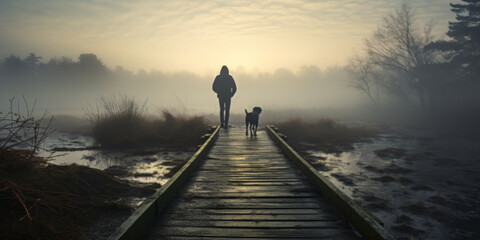 A lonely man walks his dog on an abandoned nature boardwalk. Misty and foggy scenery - obrazy, fototapety, plakaty