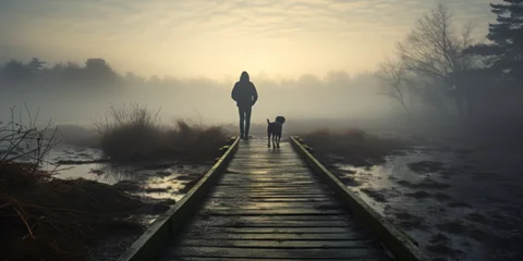 Foto auf Acrylglas A lonely man walks his dog on an abandoned nature boardwalk. Misty and foggy scenery © britaseifert