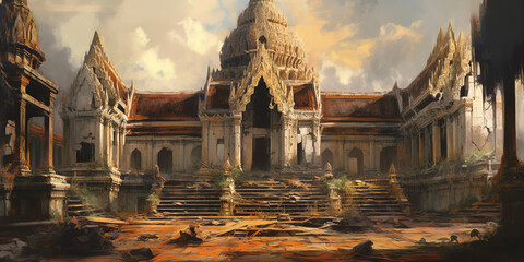 abstract art of empty old Ruins of a Thai temple ,illustration painting - obrazy, fototapety, plakaty