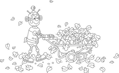 Funny robot villager wheeling its cart full of fallen leaves from an autumnal garden in countryside, vector cartoon illustration isolated on a white background