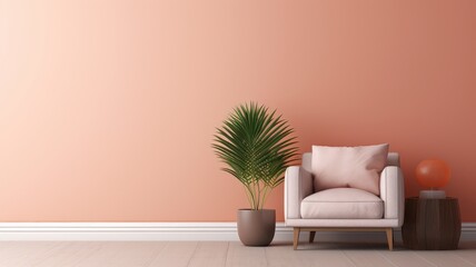 Fragment of modern minimalist living room in pastel orange, pink and gray tones. Trendy armchair, coffee table, houseplant in a floor pot. Creative interior design. Mockup, 3D rendering.